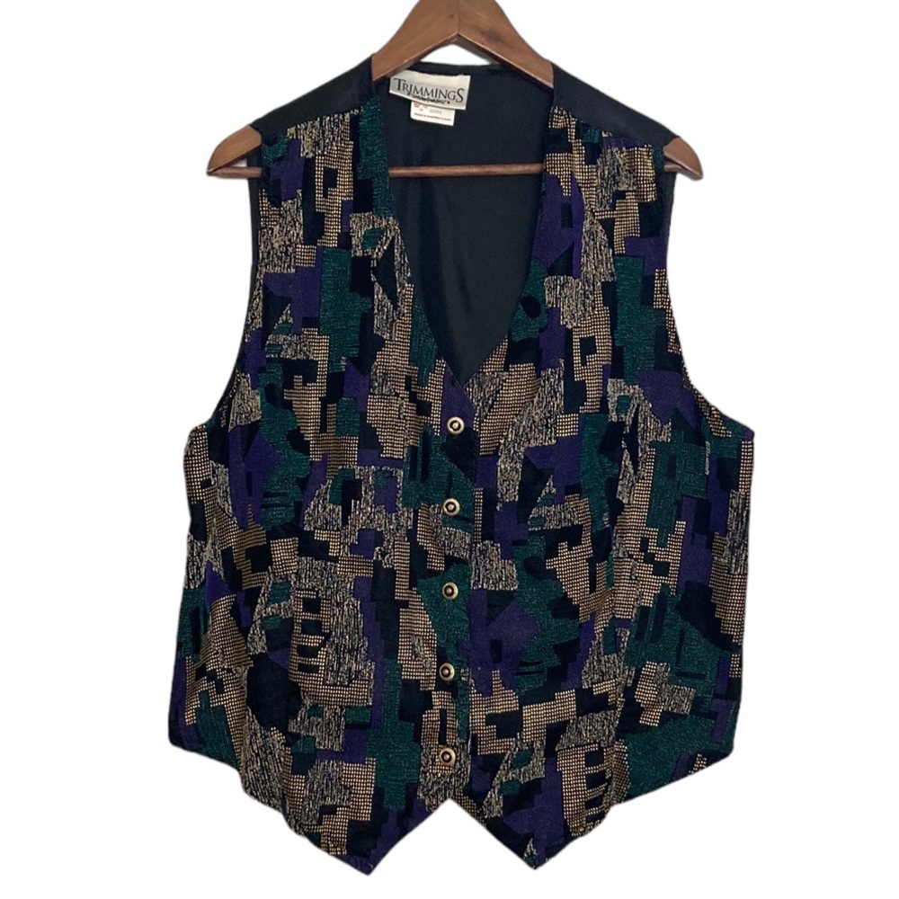 Vintage Vest Womens Large XL Gold Purple Beaded Waistcoat Disco 80s New Wave